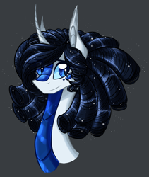 Size: 893x1058 | Tagged: safe, artist:australian-senior, oc, oc only, oc:rowena invictus, alicorn, kirin, pony, alternate hairstyle, alternate universe, bust, cake core, crossover, gray background, kirindos, looking back, portal, portal (valve), portal 2, portrait, simple background, solo