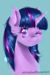 Size: 1149x1716 | Tagged: safe, artist:xkittyblue, twilight sparkle, pony, bust, female, looking at you, mare, one eye closed, portrait, smiling, solo, wink