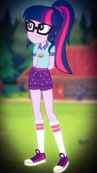 Size: 720x1280 | Tagged: safe, artist:8ballgta3, sci-twi, twilight sparkle, equestria girls, legend of everfree, camp everfree outfits, clothes, converse, cute, female, glasses, hands behind back, legs, shoes, shorts, sneakers, solo, tree