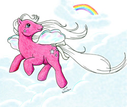 Size: 630x528 | Tagged: safe, artist:hollowzero, hollywood (g1), flutter pony, g1, cloud, colored pencil drawing, pen drawing, pencil drawing, photoshop, rainbow, solo, traditional art