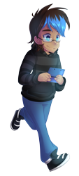 Size: 1448x3200 | Tagged: safe, artist:drawntildawn, oc, oc only, oc:playthrough, human, 3ds, clothes, glasses, hoodie, human coloration, humanized, humanized oc, looking at something, looking down, nintendo, running, shoes, smiling