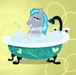 Size: 732x720 | Tagged: safe, screencap, pony, bath, bubble, bubble bath, clean, grin, lidded eyes, looking at you, shiny, smiling, solo, true capitalist radio, tub guy