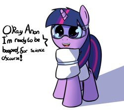 Size: 1096x976 | Tagged: safe, artist:neuro, twilight sparkle, alicorn, pony, adorkable, cute, dialogue, dork, for science, goggles, imminent boop, implied anon, looking at you, open mouth, pillow, simple background, smiling, solo, transparent background, twiabetes