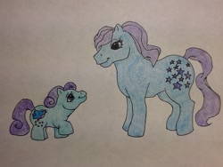 Size: 960x720 | Tagged: safe, artist:iluvchedda, blue belle, pony, g1, baby, baby pony, headcanon, peeks, traditional art