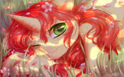 Size: 1024x640 | Tagged: safe, artist:peachmayflower, oc, oc only, oc:peach, pony, unicorn, cute, female, flower, flower in hair, freckles, looking at you, mare, ocbetes, one eye closed, smiling, solo