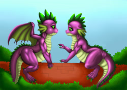 Size: 3507x2480 | Tagged: safe, artist:exelzior, barb, spike, dragon, brick, brick wall, bush, dragoness, female, plump, rule 63, self dragondox, spikebarb, wall, winged spike