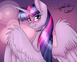 Size: 4000x3200 | Tagged: safe, artist:eclispeluna, artist:minelvi, twilight sparkle, twilight sparkle (alicorn), alicorn, pony, blushing, looking back, solo, spread wings, wings