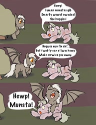 Size: 1080x1398 | Tagged: safe, artist:fluffsplosion, oc, oc only, bat pony, fluffy pony, pony, undead, vampire, vampony, dark comedy, impending doom, implied abuse, implied grimdark, mercy kill, smarty friend