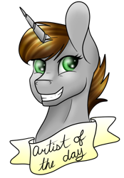 Size: 540x775 | Tagged: safe, artist:marsh-mal-oh, oc, oc only, pony, unicorn, amino, artist of the day, banner, bust, equestria amino, full color, ponysona, simple background, solo, transparent background