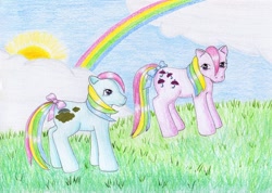 Size: 1024x729 | Tagged: safe, artist:normaleeinsane, parasol (g1), sunlight (g1), g1, cloud, grass, rainbow, sun, traditional art