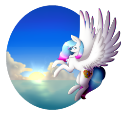 Size: 2500x2400 | Tagged: safe, artist:magicalbrownie, oc, oc only, oc:heart light, pony, cloud, female, flying, high res, jewelry, mare, necklace, ocean, solo, spread wings, sunrise, wings