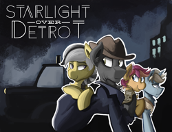 Size: 4806x3705 | Tagged: safe, artist:saxopi, oc, oc only, oc:hard boiled, oc:limerence, oc:sweet shine, oc:swift cuddles, fanfic:starlight over detrot: a noir tale, fanfic, noir, overcoat, starlight over detrot, title card