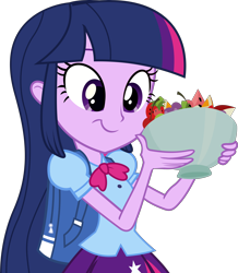 Size: 4370x5001 | Tagged: safe, artist:hithroc, twilight sparkle, equestria girls, equestria girls (movie), absurd resolution, backpack, bowl, bowtie, clothes, female, food, fruit, fruit salad, salad, simple background, skirt, solo, transparent background, vector