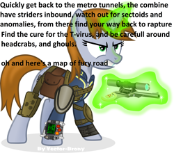 Size: 4409x3882 | Tagged: artist needed, safe, edit, oc, oc only, oc:littlepip, pony, unicorn, fallout equestria, absurd resolution, bioshock, clothes, combine, fallout, fanfic, fanfic art, female, glowing horn, gritted teeth, gun, half-life, half-life 2, handgun, hooves, horn, levitation, little macintosh, mad max, mad max fury road, magic, mare, metro 2033, obligatory pony, optical sight, pipbuck, resident evil, revolver, s.t.a.l.k.e.r., saddle bag, scope, simple background, solo, telekinesis, text, vault suit, weapon, white background, x-com, xcom 2