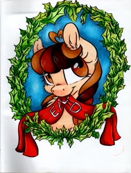 Size: 2475x3277 | Tagged: safe, artist:cutepencilcase, oc, oc only, earth pony, pony, banner, cute, female, mare, mouth hold, ocbetes, smiling, solo, traditional art, wreath