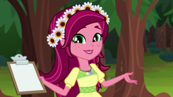 Size: 1280x720 | Tagged: safe, edit, edited screencap, editor:watermelon changeling, screencap, gloriosa daisy, equestria girls, legend of everfree, clipboard, cute, daisybetes, exploitable, magical geodes, solo