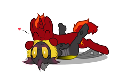 Size: 1365x855 | Tagged: safe, artist:firefall-mlp, oc, oc only, oc:aurelia, oc:firefall, changeling, pony, unicorn, changeling oc, female, fluffy, fluffy changeling, male, neck fluff, simple background, snuggling, stallion, transparent background, vector, yellow changeling
