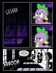 Size: 1275x1650 | Tagged: safe, artist:dsana, spike, dragon, comic:to look after, armor, comic, lightning, rain, song, thunder