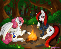 Size: 1024x819 | Tagged: safe, artist:bunnywhiskerz, oc, oc only, oc:blackjack, oc:dandy, oc:dandy candy, pegasus, pony, unicorn, fallout equestria, fallout equestria: project horizons, campfire, camping, commission, female, forest, mare