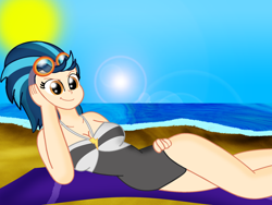 Size: 2962x2223 | Tagged: safe, artist:cyber-murph, indigo zap, equestria girls, friendship games, bad anatomy, beach, breasts, cleavage, clothes, cute, female, on side, one-piece swimsuit, pose, solo, swimsuit, towel