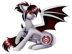 Size: 1600x1200 | Tagged: safe, artist:minelvi, oc, oc only, bat pony, pony, male, raised hoof, signature, simple background, sitting, solo, spread wings, stallion, transparent background, watermark