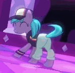 Size: 149x146 | Tagged: safe, screencap, azure velour, earth pony, pony, the saddle row review, ^^, animated, background pony, butt shake, clothes, cute, dancing, eyes closed, female, flank spin, gif, gif for breezies, hat, mare, pants, picture for breezies, plot, smiling, solo, tail twirl