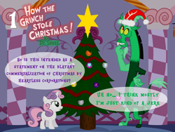 Size: 1024x768 | Tagged: safe, artist:bronybyexception, discord, sweetie belle, pony, advent calendar, christmas, christmas tree, dr. seuss, how the grinch stole christmas, the grinch, tree