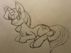 Size: 3114x2316 | Tagged: safe, artist:larrykitty, twilight sparkle, pony, unicorn, lying down, sketch, solo, traditional art