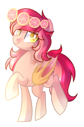 Size: 1332x2022 | Tagged: safe, artist:drawntildawn, oc, oc only, oc:pink lemonade, bat pony, pony, colored pupils, female, freckles, grapefruit, looking at you, mare, raised hoof, raised leg, simple background, solo, transparent background, watermark