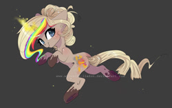 Size: 1024x643 | Tagged: safe, artist:wilvarin-liadon, oc, oc only, pony, unicorn, colored pupils, gray background, looking at you, magic, rainbow hair, simple background, smiling, solo, underhoof, watermark