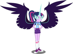 Size: 6035x4515 | Tagged: safe, artist:orin331, midnight sparkle, sci-twi, twilight sparkle, equestria girls, legend of everfree, absurd resolution, clothes, commission, converse, glowing horn, looking at you, possessed, shirt, shoes, shorts, simple background, smiling, sneakers, socks, solo, spread wings, transparent background, wings