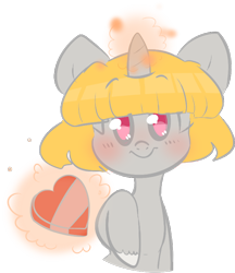 Size: 656x758 | Tagged: safe, artist:pondee, oc, oc only, oc:candycorn, pony, unicorn, candy, chocolate, food, gift giving, levitation, looking at you, magic, simple background, solo, telekinesis, transparent background