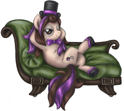 Size: 2070x1863 | Tagged: safe, artist:thebowtieone, oc, oc only, oc:bowtie, earth pony, pony, bowtie, female, hat, hooves behind head, mare, simple background, sofa, solo, top hat, transparent background