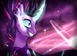 Size: 1432x1039 | Tagged: safe, artist:not-ordinary-pony, midnight sparkle, sci-twi, twilight sparkle, equestria girls, equestria girls ponified, glowing horn, grin, ponified, smiling, solo, space, stars