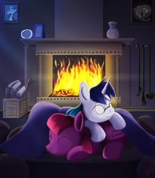 Size: 1678x1924 | Tagged: safe, artist:jphyperx, oc, oc only, pegasus, pony, unicorn, cuddling, female, fireplace, glasses, male, mare, oc x oc, shipping, snuggling, stallion, straight