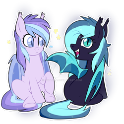 Size: 1024x1024 | Tagged: safe, artist:sugguk, oc, oc only, oc:sparkling jade, oc:spectrum lights, bat pony, pony, female, mare, one wing out, simple background, sitting, transparent background, watermark