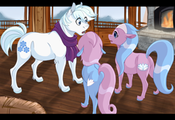 Size: 1044x717 | Tagged: safe, artist:bijutsuyoukai, aloe, double diamond, lotus blossom, pony, aloediamond, clothes, female, fireplace, lotusdiamond, male, polyamory, pregnant, scarf, shipping, spa twins, straight