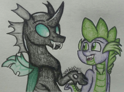 Size: 1080x808 | Tagged: safe, artist:raritylover152, spike, thorax, changeling, dragon, duo, fangs, friends, open mouth, simple background, smiling, traditional art