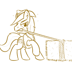 Size: 1000x1000 | Tagged: safe, artist:yakoshi, braeburn, 30 minute art challenge, hay bale, monochrome, mouth hold, pulling, raised leg, rope, solo