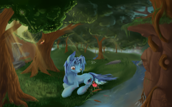 Size: 1920x1200 | Tagged: safe, artist:skyresonance, oc, oc only, oc:aqua galaxy, earth pony, pony, crepuscular rays, female, flower, forest, mare, prone, river, solo, tree