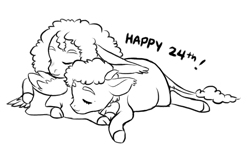 Size: 2072x1234 | Tagged: dead source, safe, artist:kianamai, oc, oc only, oc:tranquil feather, oc:wandering mind, donkey, goat, hybrid, birthday, black and white, cuddling, donkey oc, goat pony, grayscale, lineart, monochrome, prone, simple background, sleeping, white background