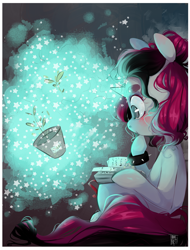 Size: 1200x1576 | Tagged: safe, artist:tamyarts, oc, oc only, pony, unicorn, book, bracelet, female, hoof on chin, jewelry, looking at something, magic, mare, plant, potted plant, sitting, solo, spiked wristband