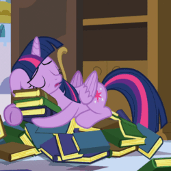 Size: 510x511 | Tagged: safe, screencap, twilight sparkle, twilight sparkle (alicorn), alicorn, pony, princess spike (episode), animated, book, book nest, bookhorse, cute, eyes closed, folded wings, gif, hug, princess sleeping on books, sleeping, snoring, solo, that pony sure does love books