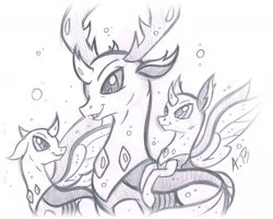 Size: 1571x1256 | Tagged: safe, artist:rossmaniteanzu, thorax, changedling, changeling, fanfic:the king of love bugs, to where and back again, grayscale, king thorax, monochrome, papa thorax, traditional art