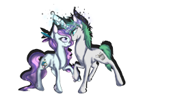 Size: 1920x1080 | Tagged: safe, artist:joyfulkitty, oc, oc only, oc:lilac shine, oc:salad, pony, unicorn, female, horns are touching, looking at each other, male, mare, raised hoof, simple background, stallion, transparent background