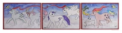 Size: 2196x606 | Tagged: safe, artist:haawan, glory, minty (g1), parasol (g1), snuzzle, starshine, bird, rabbit, g1, traditional art, triptych, watercolor painting