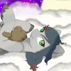 Size: 587x587 | Tagged: safe, artist:onyxpenstroke, derpibooru exclusive, oc, oc only, oc:onyx penstroke, pegasus, pony, bust, cloud, crepuscular rays, cute, green eyes, hoof in air, hooves, lidded eyes, looking at you, lying down, messy mane, moon, multicolored hair, night, night sky, on a cloud, on back, smiling, solo, stars, teddy bear, unshorn fetlocks