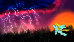 Size: 3840x2160 | Tagged: safe, artist:silversthreads, lightning dust, flying, forest, lightning, solo, storm, sunset, twilight (astronomy)