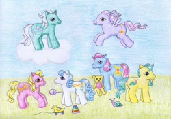 Size: 1024x716 | Tagged: safe, artist:normaleeinsane, pony, g1, baby, baby pony, dangles, shaggy, squirmy, tappy, traditional art, wiggles, yo-yo