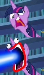 Size: 629x1053 | Tagged: safe, edit, edited screencap, screencap, twilight sparkle, twilight sparkle (alicorn), alicorn, pony, every little thing she does, angry, lazor, meme, shoop da whoop, solo